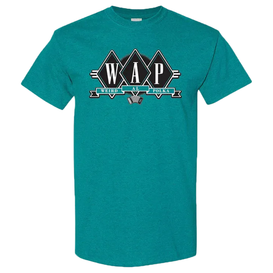 Teal t-shirt with 'WAP' logo on a white background