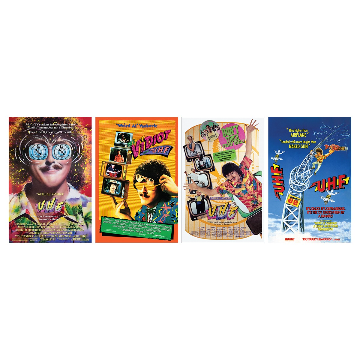 A set of four vintage-style movie posters for 'VHS' displayed side by side on a plain white background. The posters feature colorful retro designs with illustrations of a person wearing large round glasses, cassette tapes, and a roller coaster, with the title 'VHS' prominently displayed on each.