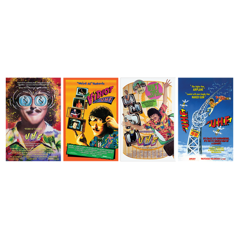 A set of four vintage-style movie posters for 'VHS' displayed side by side on a plain white background. The posters feature colorful retro designs with illustrations of a person wearing large round glasses, cassette tapes, and a roller coaster, with the title 'VHS' prominently displayed on each.