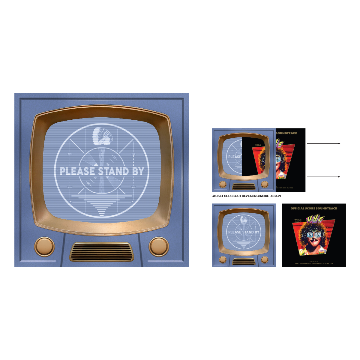 Special limited edition jacket of Taylor Swift's 'Please Stand By' album, featuring a retro television design with a blue-gray face, gold bezel, and white screen graphic, shown alongside smaller views of the inner sleeve and cover art.