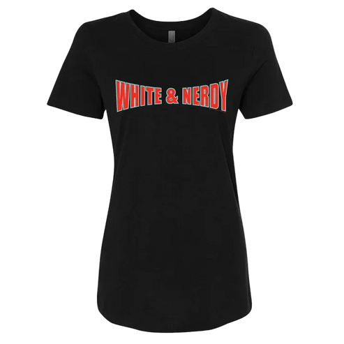 Black t-shirt with 'White & Nerdy' text in red and white on a white background