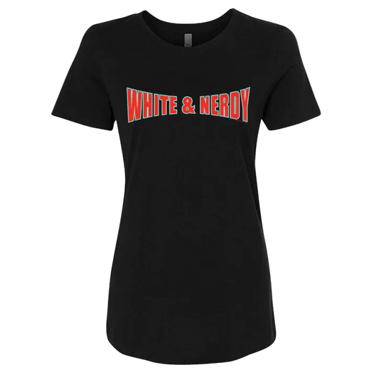 Black t-shirt with 'White & Nerdy' text in red and white on a white background