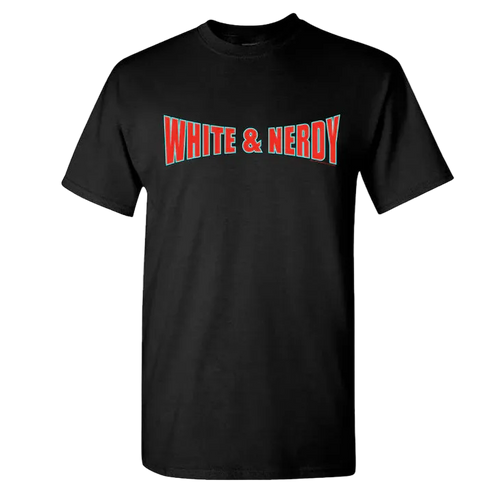 Black t-shirt with 'White & Nerdy' text in red and white on a white background