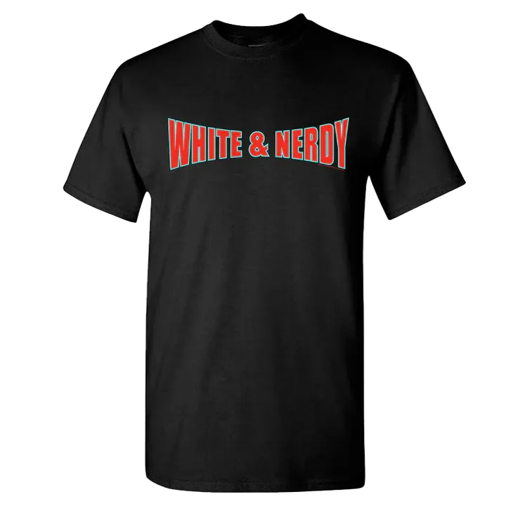 Black t-shirt with 'White & Nerdy' text in red and white on a white background