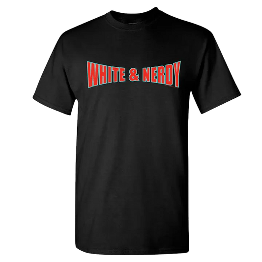 Black t-shirt with 'White & Nerdy' text in red and white on a white background